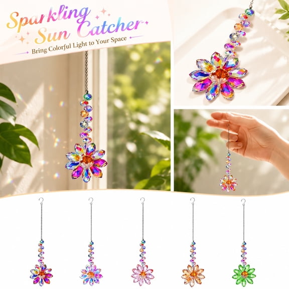 Crystal Decor, Window Prism, Car Charm, Housewarming Gift, 13X2 Inch Hanging Ornament with Faceted Crystal Sunflower Design to Place on Windows, Rearview Mirrors, Patios Or