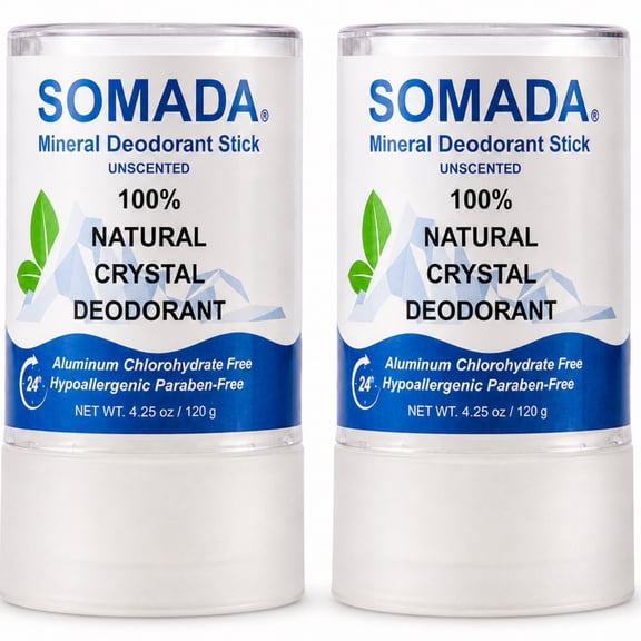 SOMADA Natural Crystal Salt Deodorant Sticks, Aluminum-Free Antiperspirants Alternative, Hypoallergenic, Unscented, 4.25 oz, 2-Pack