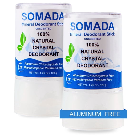 SOMADA Natural Crystal Salt Deodorant Sticks, Aluminum-Free Antiperspirants Alternative, Hypoallergenic, Unscented, 4.25 oz, 2-Pack