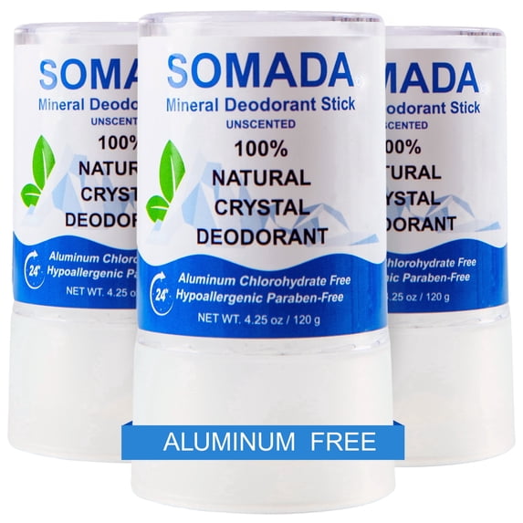 SOMADA Salt Deodorant Crystal Sticks Daily Use Hypoallergenic Natural Alcohol-Free Deodorant Solid with Potassium Alum, Unscented, 4.25 oz - 3-Pack
