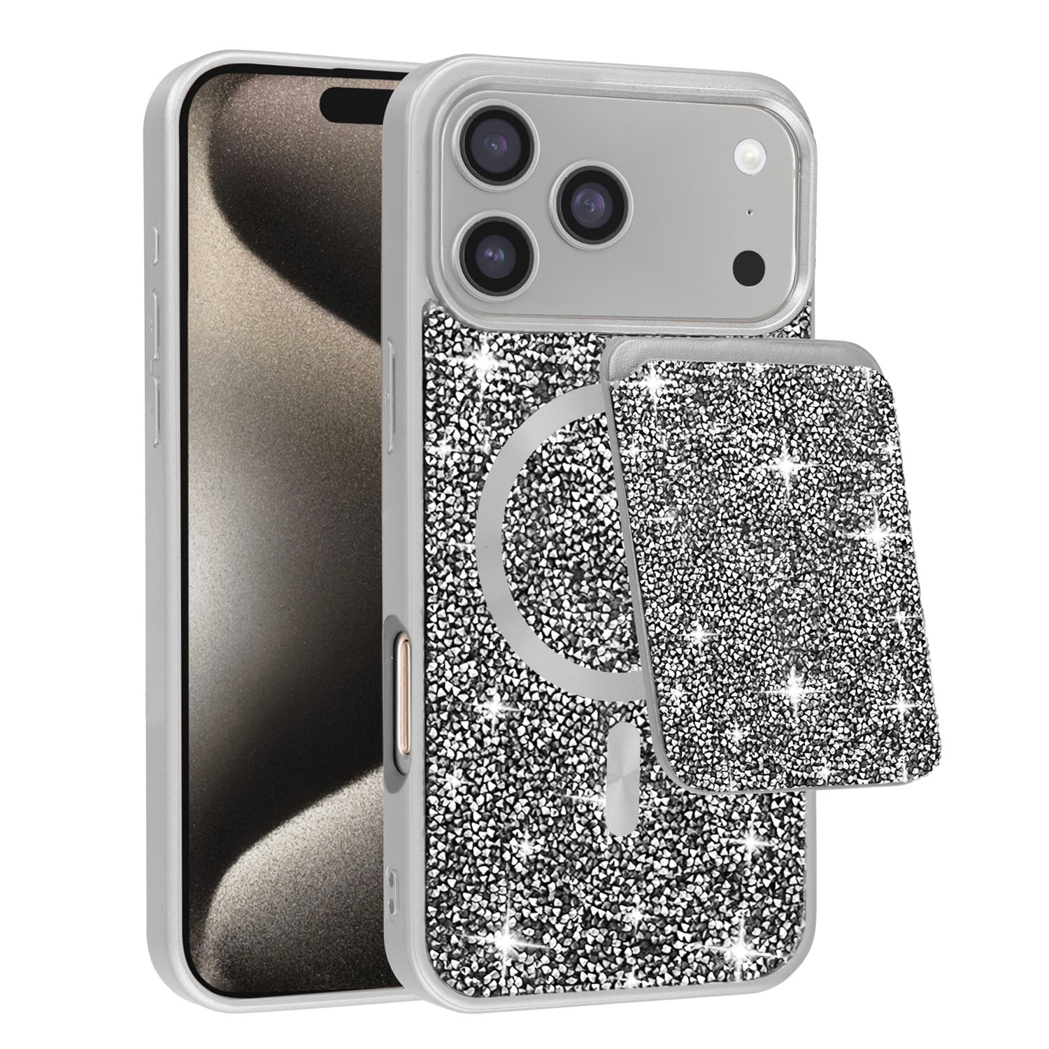 Crystal Diamond Magnetic Protective Cover with Card Pocket for iPhone 17 Pro Max - Silver