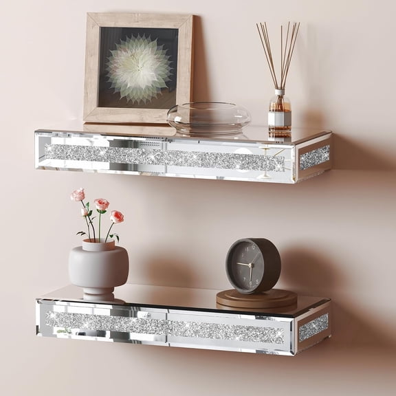 Crystal Diamond Mirrored Floating Shelves for Wall Decor Storage, Glitter Glass Wall Mounted Shelves for Bedroom, Living Room, Bathroom, Kitchen, Office and More, Set of 2, Silver