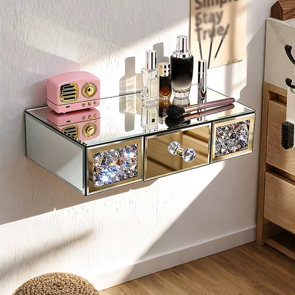 Crystal Diamond Pattern Mirrored Wall Shelf with Drawer, Elegant Floating Display Case and Decorative Accent for Glamorous Bedroom, Living Room, or Entryway Decor