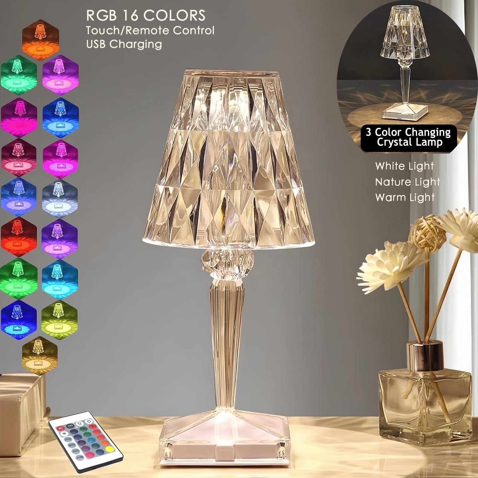 Crystal Diamond Table Lamp, 16 Color Changing Light RGB Touch & Remote Control, USB Rechargeable LED Romantic Artificial Crystal Night Light Bedside Lamp for Bedroom Living Room Party Dinner Decor