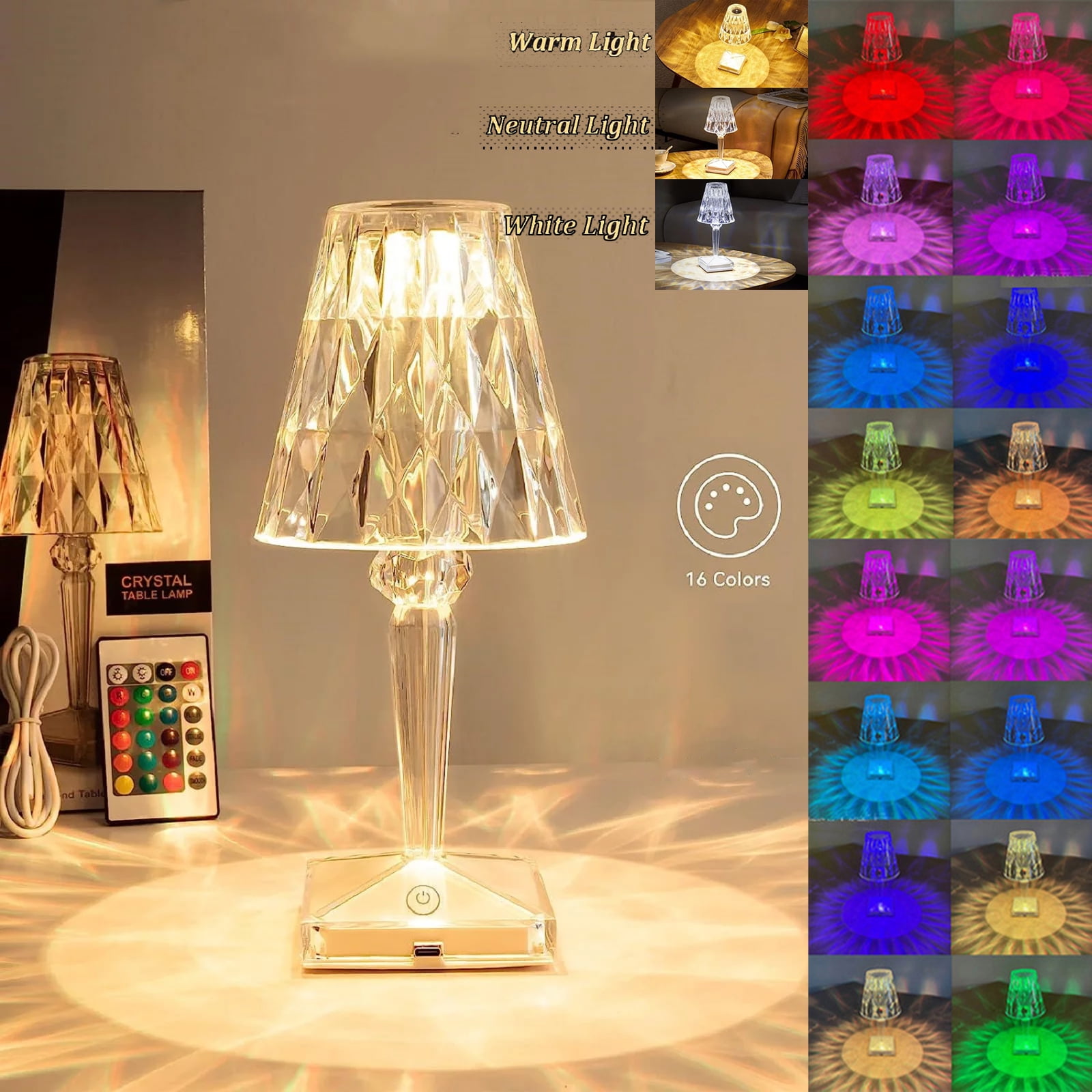 Crystal Diamond Table Lamp 16 Color Changing RGB Touch & Remote Control USB Rechargeable LED Romantic Artificial Crystal Night Light Bedside Lamp for Bedroom Living Room Party Dinner Decor