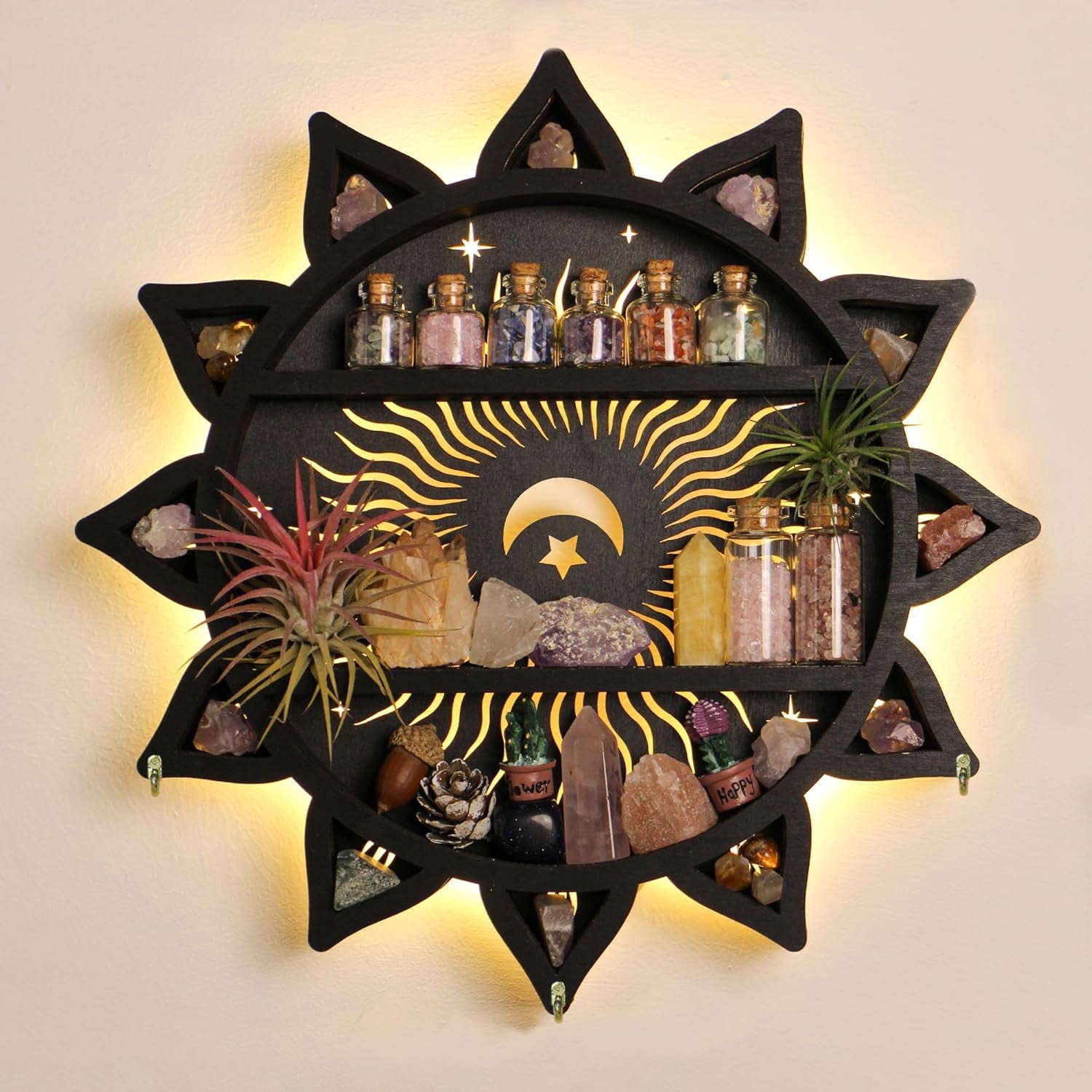 FNYDOX Witchy Home Chakra Decor Crystal Display Shelf with LED Light, Boho Decorative Wall Mounted Trinket Shelf Wooden Sun Moon Shelf Rock Case Stone Storage Lotus Flower Floating Hanging Holder