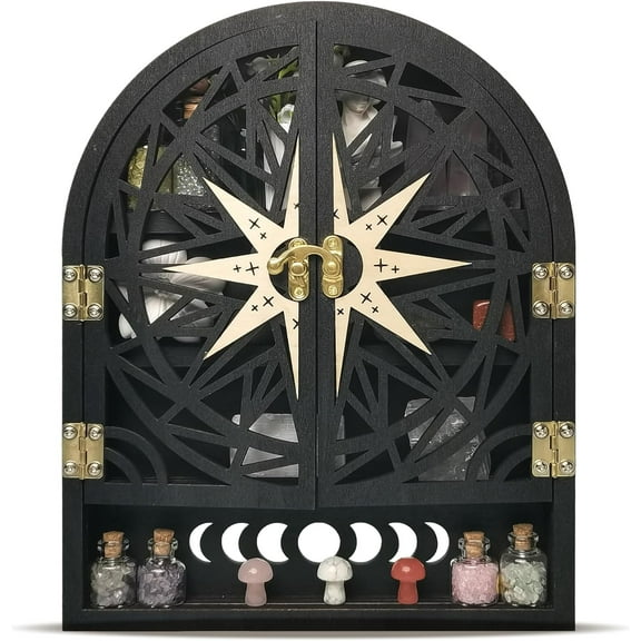 Crystal Display Shelf for Wall, Crescent Moon Phase Crystal Wall Shelf Decor, Wooden Storage Organizer Shelf for Stones Collection Essential Oil Display, Arch Crystal Holder Shelf for Meditation Room