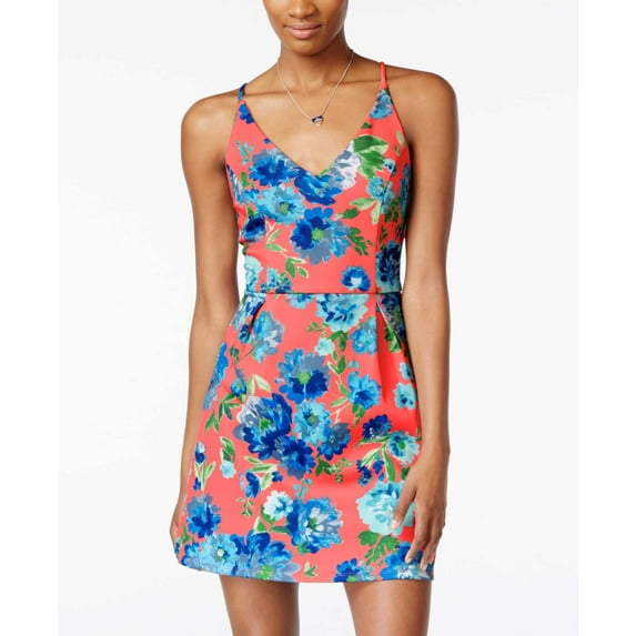 Crystal Doll Juniors’ Printed Crisscross-Back Scuba Fit & Flare Dress, Pink, 3