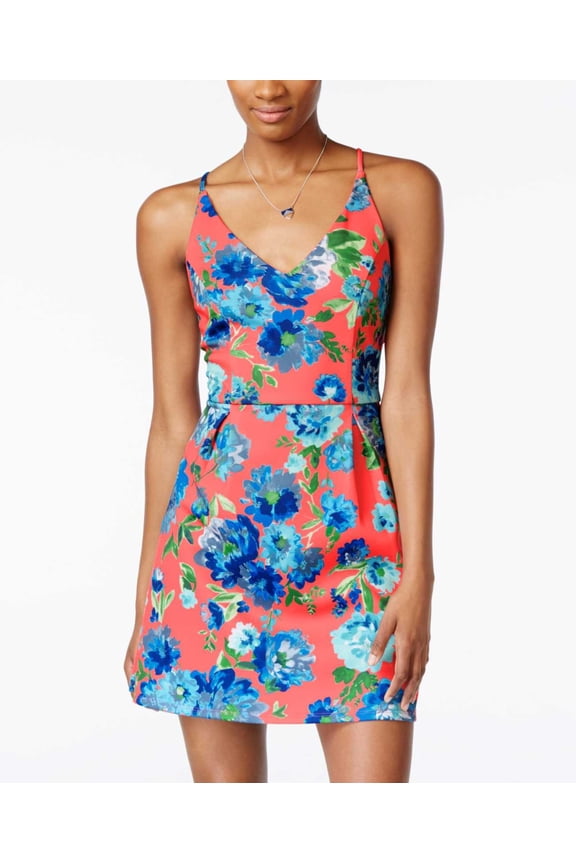 Juniors’ Printed Crisscross-Back Scuba Fit & Flare Dress, Pink, 3