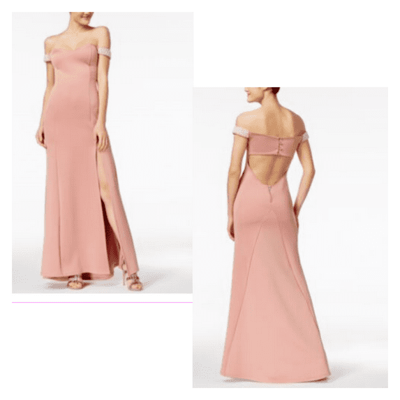 Crystal Doll Juniors' Beaded Off-The-Shoulder Scuba Party Dress Gown , Mauve , 7