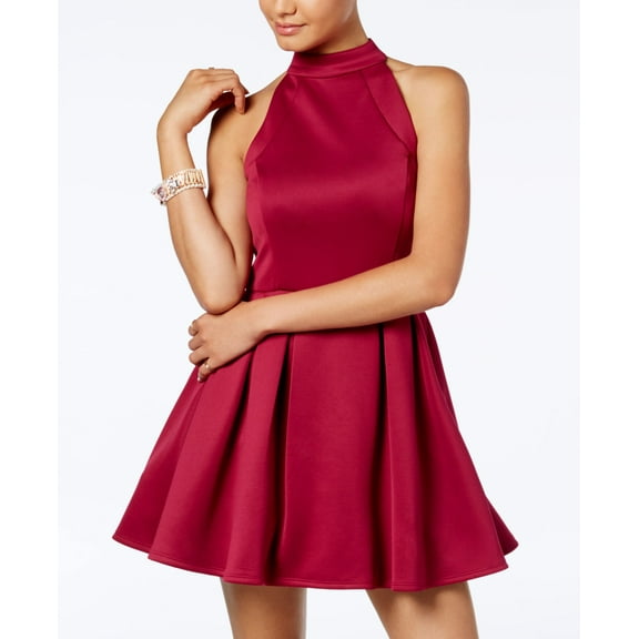 Crystal Doll Juniors Illusion Scuba Fit Flare Dress Berry 3