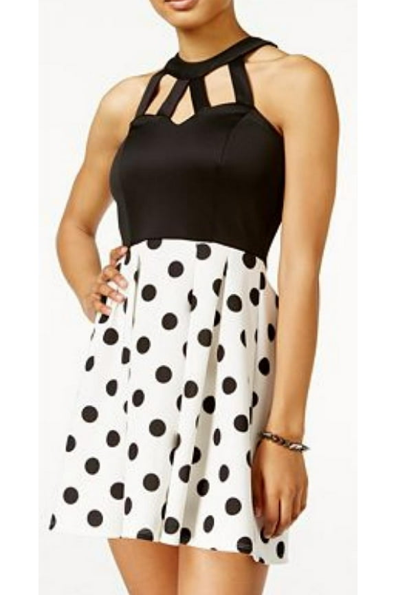Juniors Cutout Polka-Dot Fit & Flare Dress (Black/White, 11)
