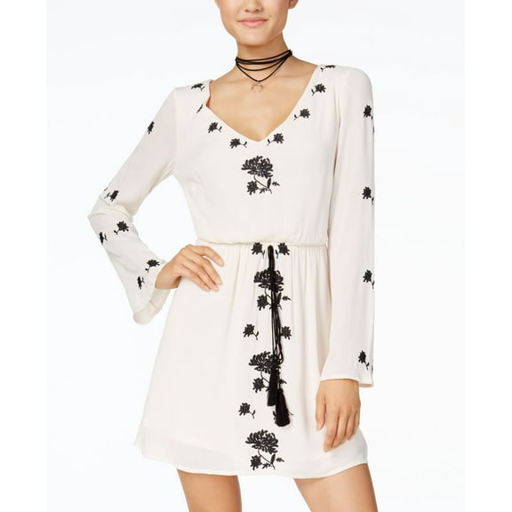 Crystal Doll Juniors' Embroidered Tassel Fit & Flare Dress IvoryBlack Medium Womens