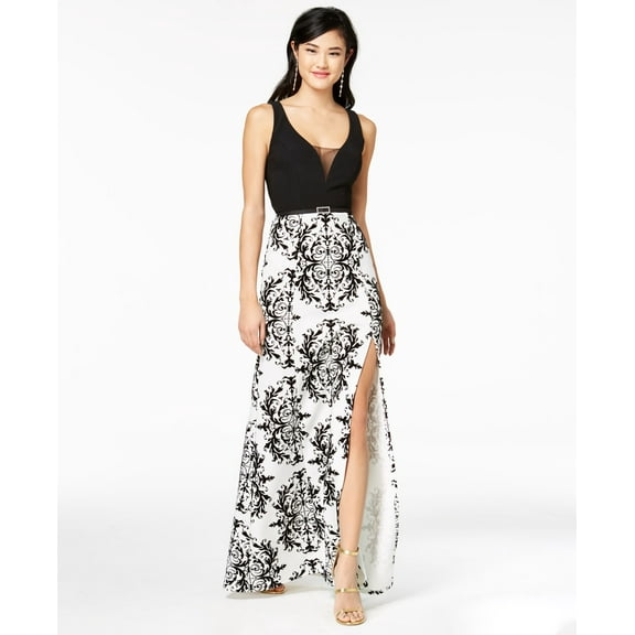 Crystal Doll Juniors Flocked Belted Gown Black White 9