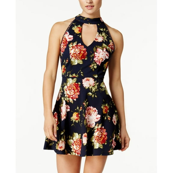 Crystal Doll Juniors Floral Print Fit Flare Dress Navy/Berry 0