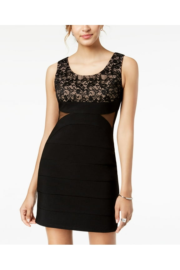 Juniors Lace Contrast Bodycon Dress Black Nude 1