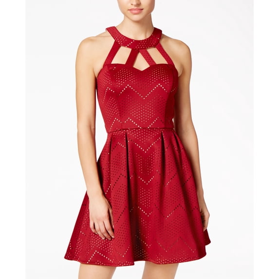 Crystal Doll Juniors Laser Cutout Halter Fit Flare Dress?id=2900 Burgundy Nude 1