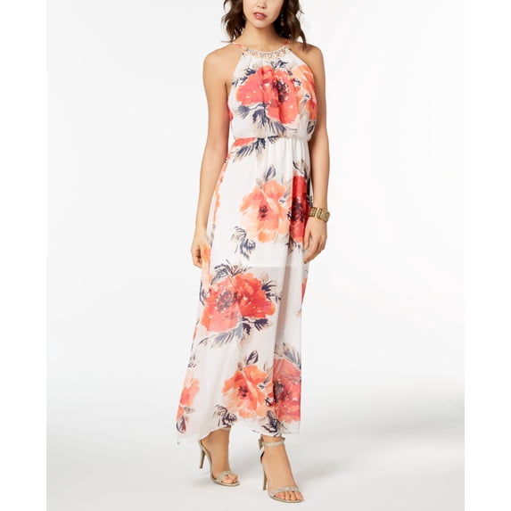 Crystal Doll Juniors Printed Beaded Illusion Maxi Dress Ivory Coral L