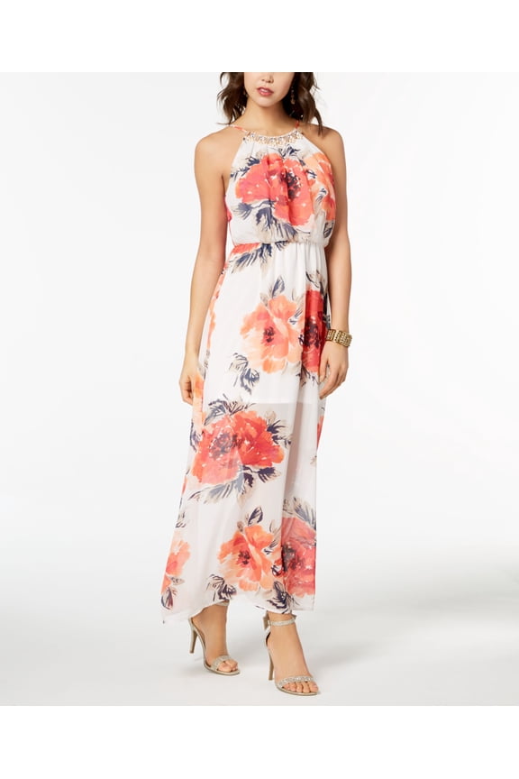 Juniors Printed Beaded Illusion Maxi Dress Ivory Coral L