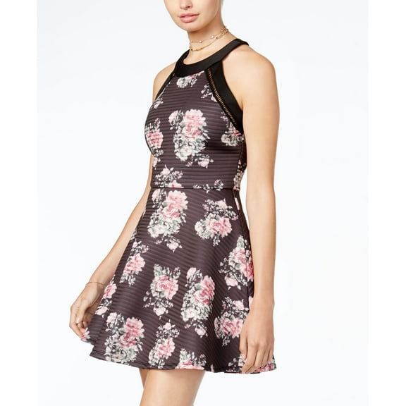 Crystal Doll Juniors Printed Crochet Trim Fit Flare Dress Black Mauve 1