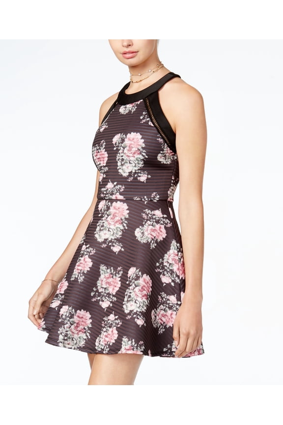 Juniors Printed Crochet Trim Fit Flare Dress Black Mauve 3