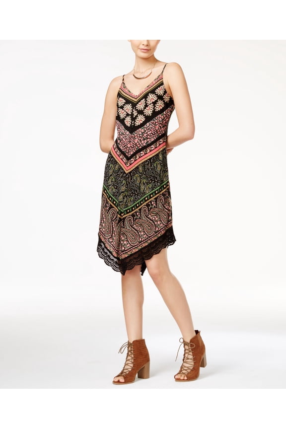 Juniors Printed Crochet Trim Slip Dress Black Coral M