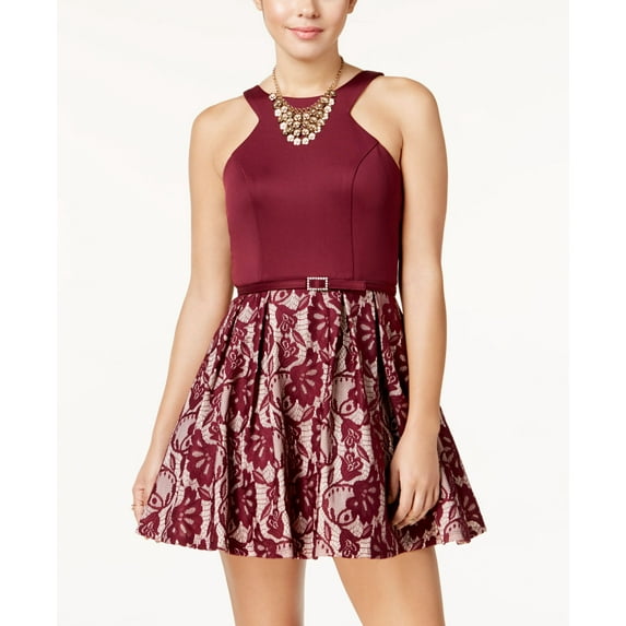Crystal Doll Juniors Scuba Lace Fit Flare Dress Wine/Nude 3