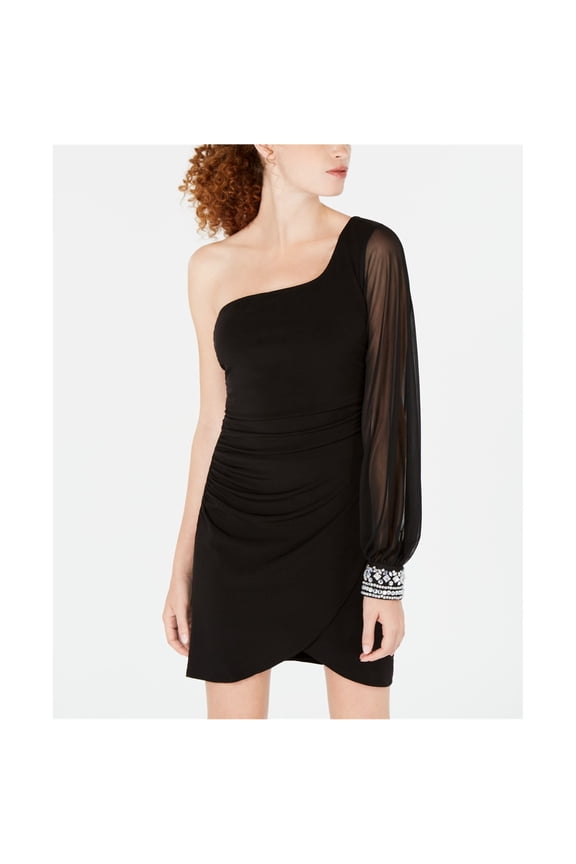 Womens Embellished Cuff One Shoulder Dress, Black, Juniors, 7