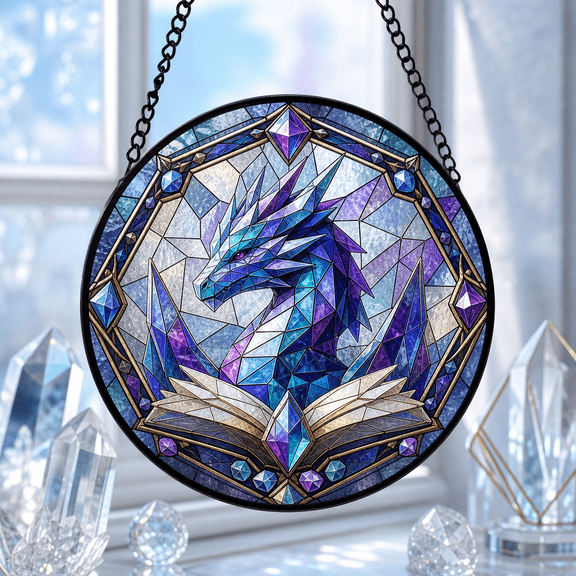 Crystal Dragon Stained Glass Suncatcher Window Hanging with Faceted Book Design