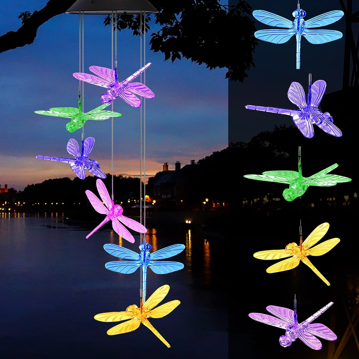 QISHI Crystal Dragonfly Multi Color Changing Wind Chimes, Solar Wind Chimes Outdoor Waterproof Wind Mobile Solar Powered Led for Home, Yard, Night Garden, Party, Festival Decor