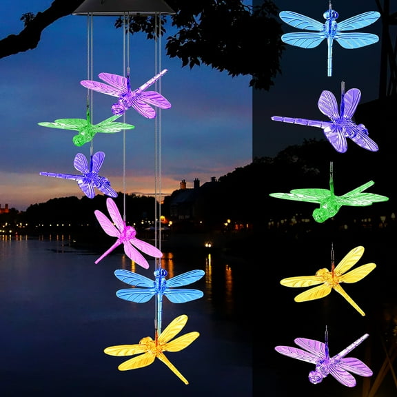 Crystal Dragonfly Multi Color Changing Wind Chimes, Solar Wind Chimes Outdoor Waterproof Wind Mobile Solar Powered Led for Home, Yard, Night Garden, Party, Festival Decor