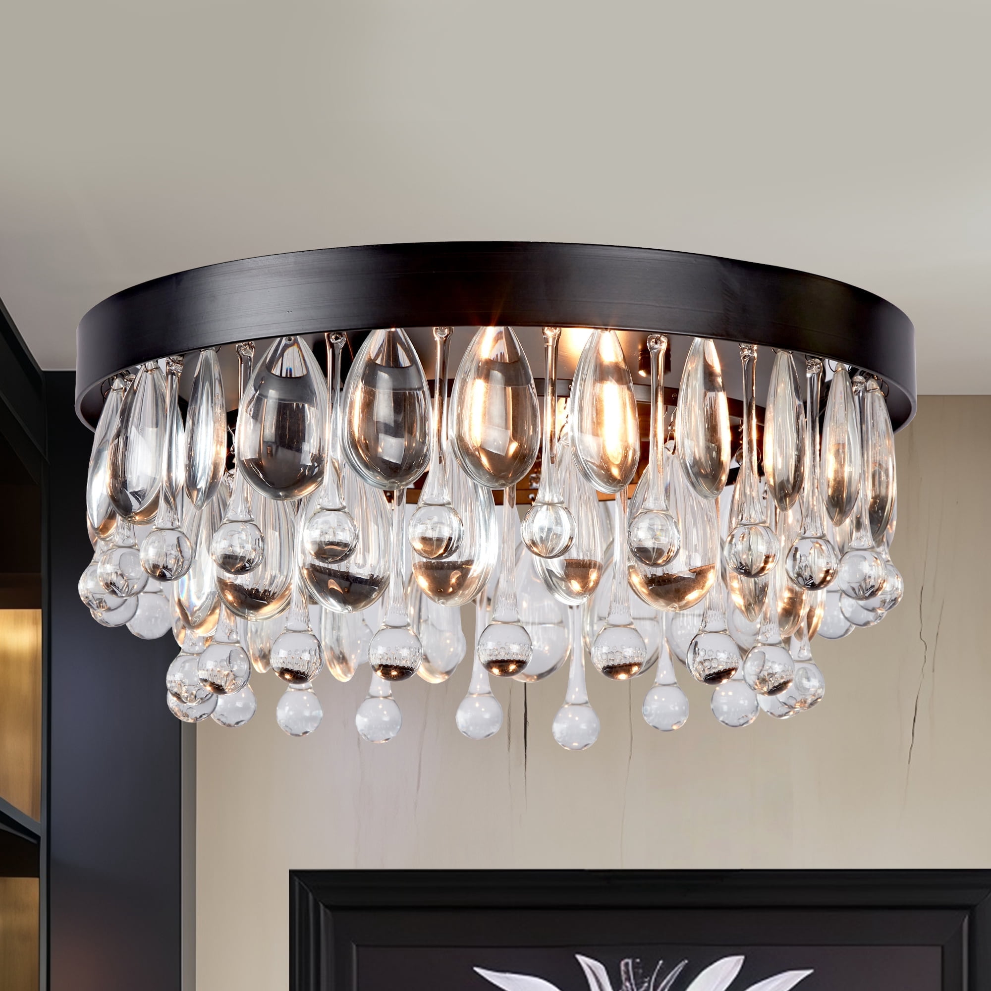 Mordern Matte Black Semi Flush Mount, 15 Inch Crystal Droplets Flush Mount Light, Unique Elegant Metal Close to Ceiling Light for Lving Room, Dining Room, Bedroom