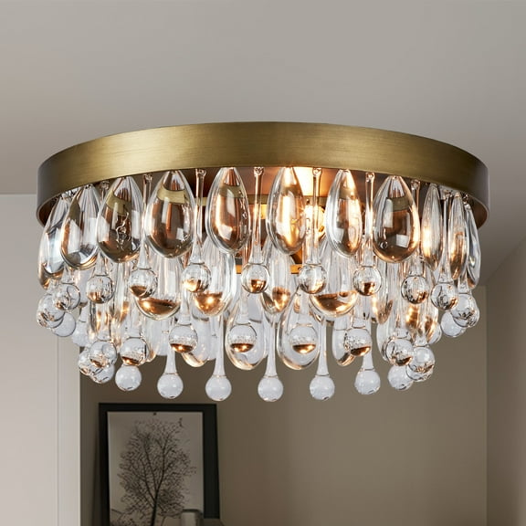 Mordern Antique Brass Semi Flush Mount, 15 Inch Crystal Droplets Flush Mount Light, Unique Elegant Metal Close to Ceiling Light for Lving Room, Dining Room, Bedroom
