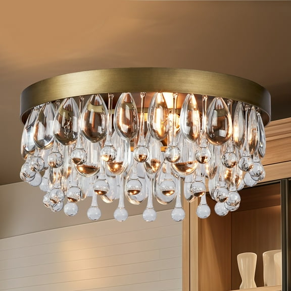 Modern Round Crystal Droplet Ceiling Light, Aged Brass Luxury Close to Ceiling Light, Elegant Ceiling Light, Modern Light Fixture for Living Room, Dining Room, Bedroom