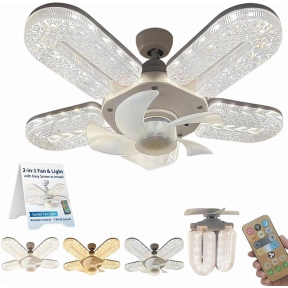 Crystal-Effect LED 5-Blade LED Fan Light, 12" Socket Ceiling Fan with Illumination, E27 Screw-in Fixture with Remote, Dimmable, 3-Speed Quiet Cooling, Retractable Blades for Bedroom Kitchen