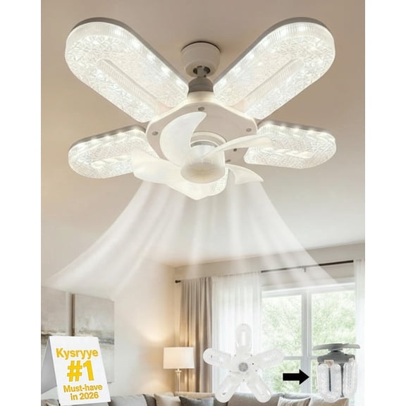 JEBTBFZE Crystal-Effect LED 5-Blade Ceiling Fan Light, 12" Socket Fan with Remote, Retractable Blades & 3-Speed Quiet Cooling
