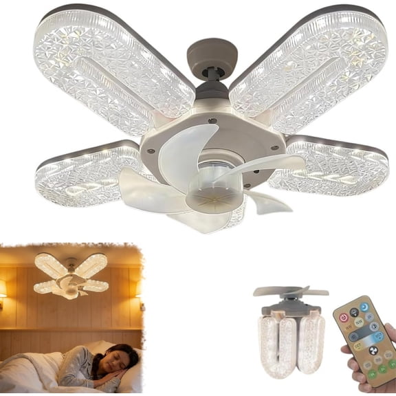 Crystal-Effect LED Ceiling Fan Light, 12" Retractable Blades with Remote, Dimmable 3-Speed Quiet E27 Screw-in Fan for Bedroom, Kitchen, Home Office(RL 1 PC)