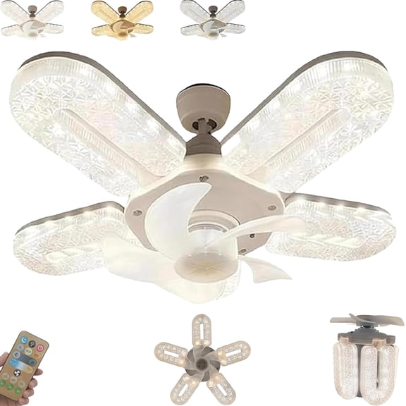 Crystal-Effect Led 5-Blade Led Fan Light, 11.8" Foldable Small Crystal Ceiling Fan, Chandelier Ceiling Fan with Remote Control, Adjustable 3-Color & 3-Speed for Bedroom, Living Room (1Pcs)