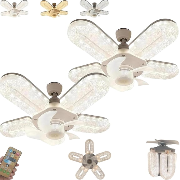 Crystal-Effect Led 5-Blade Led Fan Light, 11.8" Foldable Small Crystal Ceiling Fan, Chandelier Ceiling Fan with Remote Control, Adjustable 3-Color & 3-Speed for Bedroom, Living Room (2Pcs)
