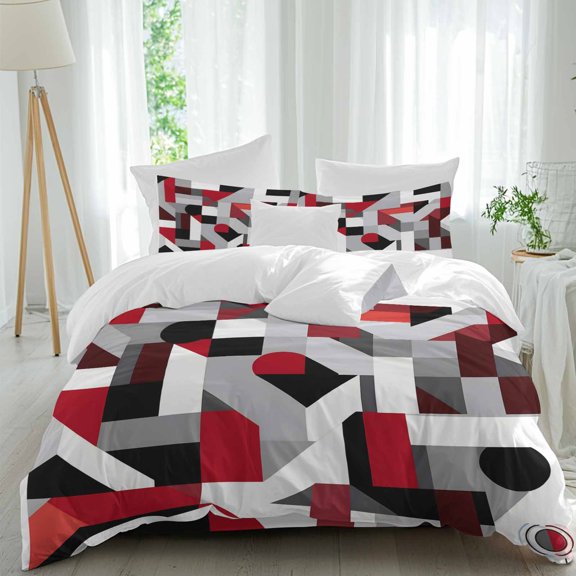Crystal Effect Twin Duvet Cover Set, Red Black Faceted Abstract Pattern 4 Piece Microfiber Bedding Set with Zipper Closure, Bed Sheet and 2 Pillow Shams, Soft Bedding Cover