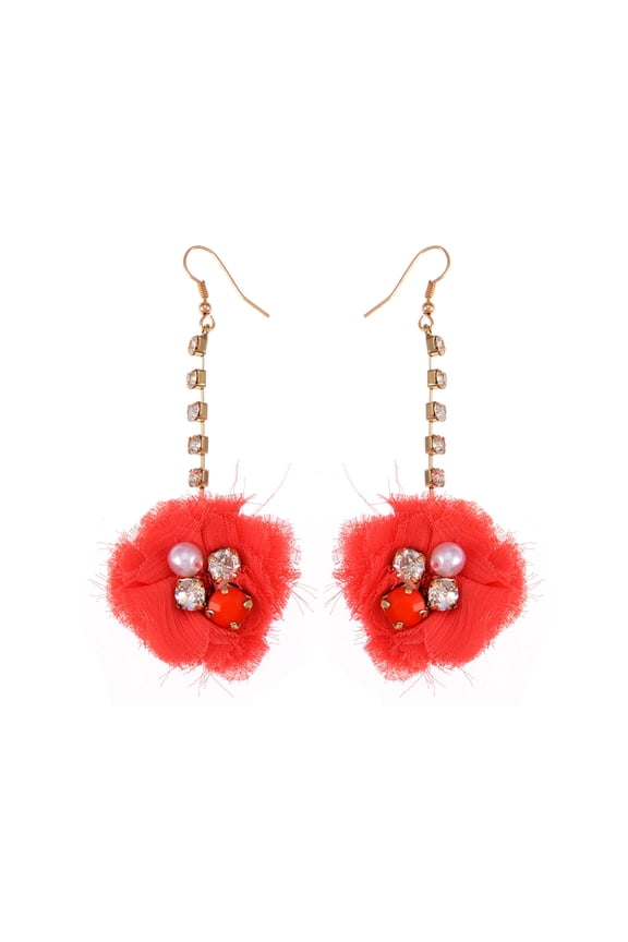 Crystal Element Gold Tone Floral Coral Pink Fuzzy Fabric Ball Rhinestone Dangle Earring