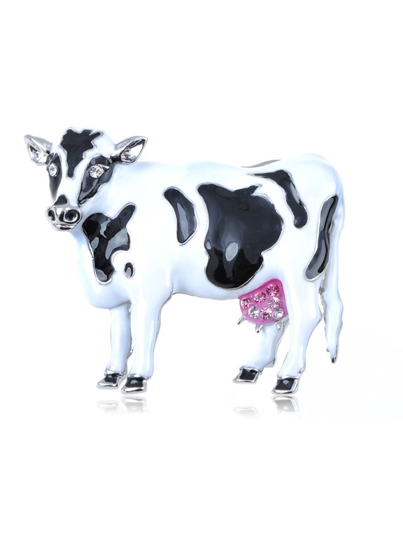 Crystal Elements Enamel Painted Moo Cow Pink Accent Udders Pin Brooch