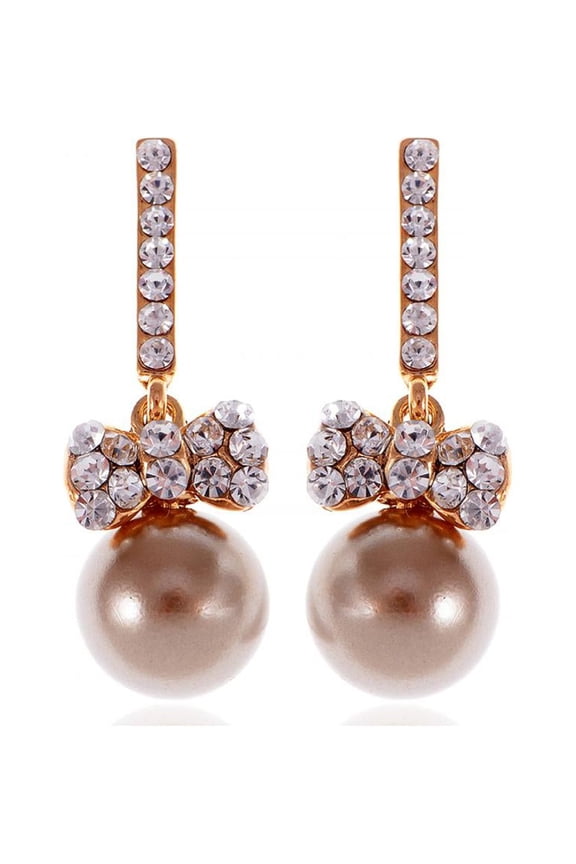 Crystal Elements Goldentone Holiday Bow Tie Faux Pearl Accent Earrings For Women Gift