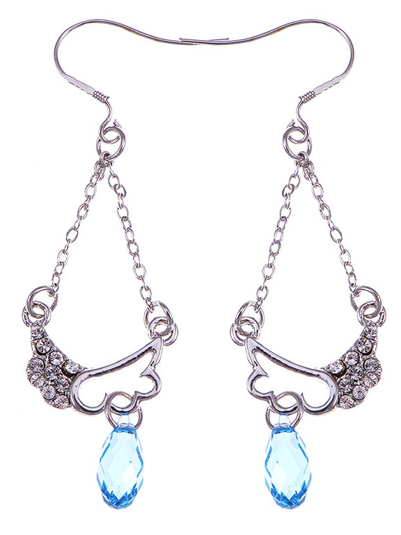 Crystal Elements Oval Blue Stone Dangling Angel Wing Fashion Earrings