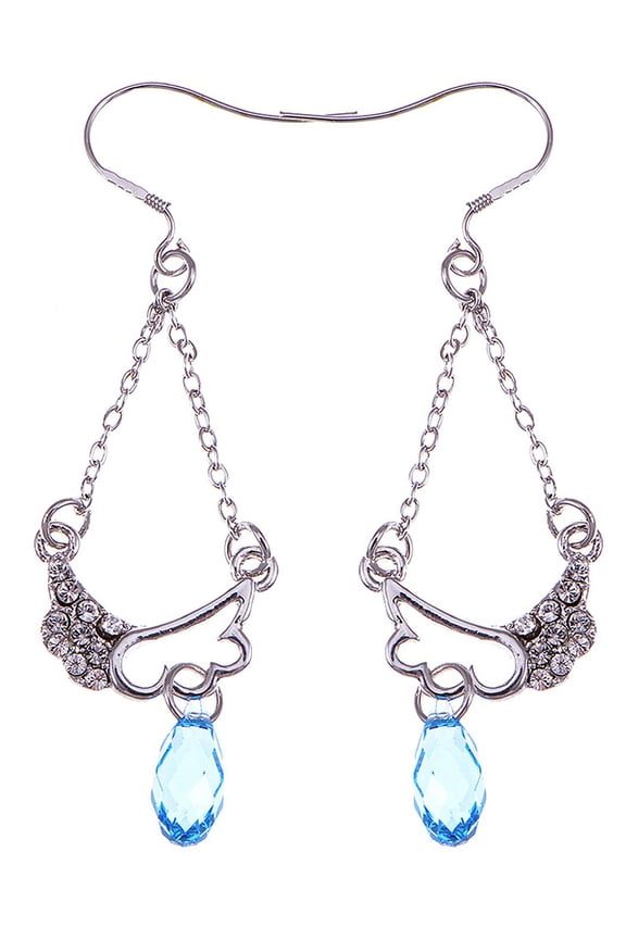 Crystal Elements Oval Blue Stone Dangling Angel Wing Fashion Earrings