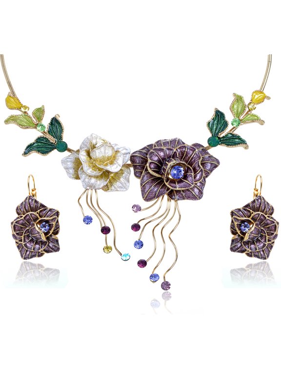 Crystal Elements Pair of Roses w Leaves Flower Necklace Earring Set
