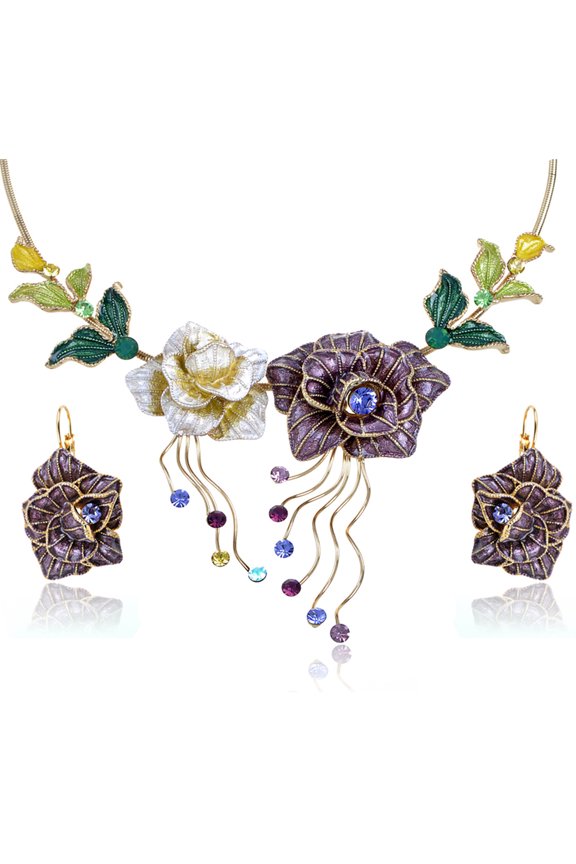 Crystal Elements Pair of Roses w Leaves Flower Necklace Earring Set