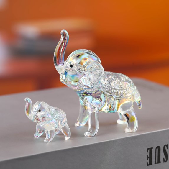 Crystal Elephant Figurines One Large And One Small Glass Elephants,Animal Collectible Figurines Ornaments Birthday for Christmas Tabletop Decoration for Home Office(White With Iridescent Effect)