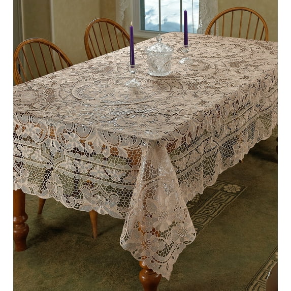 Crystal Embroidered Vintage Lace Design 70" X 120" Oblong / Rectangle Tablecloth in Cream