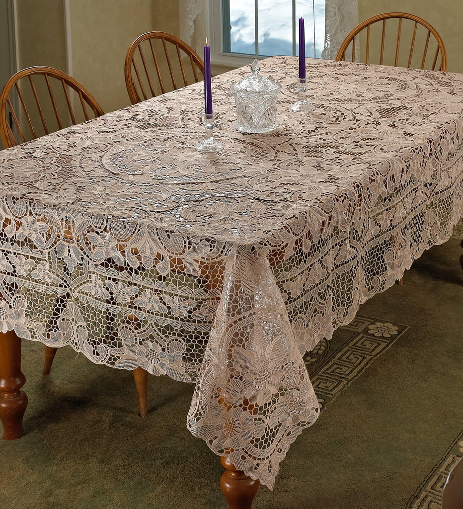 Cream Embroidered Lace Rectangular Tablecloth with Twill Weave